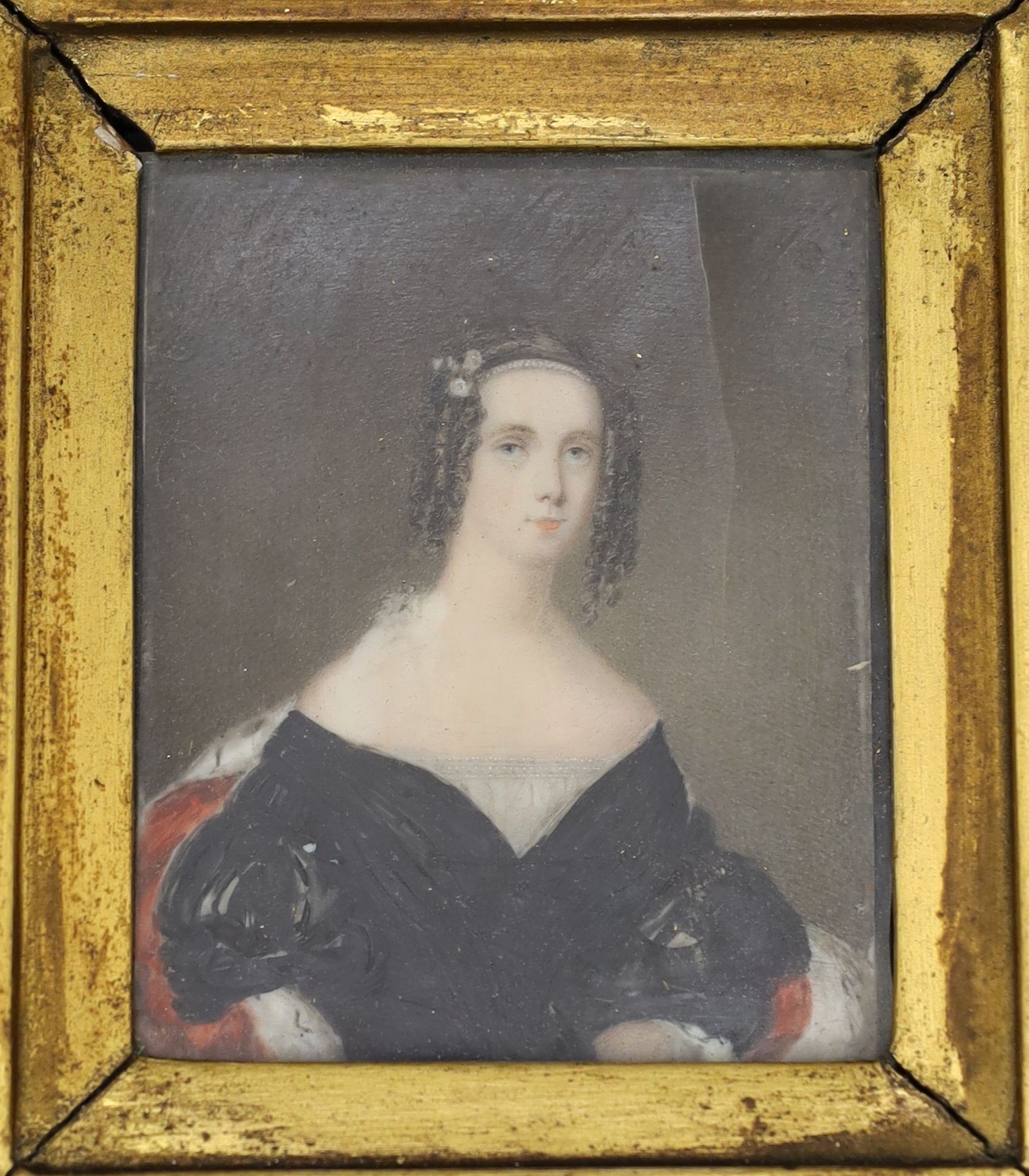 Victorian School, watercolour on ivory, Miniature portrait of lady wearing a black dress, 10 x 8cm, cracked